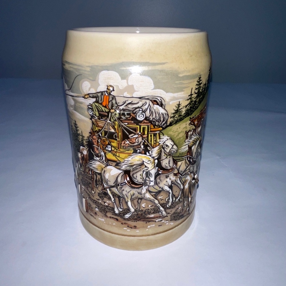 Vintage German Beer Stein Stoneware Mug Horses Wagon Early 1990s Collectible